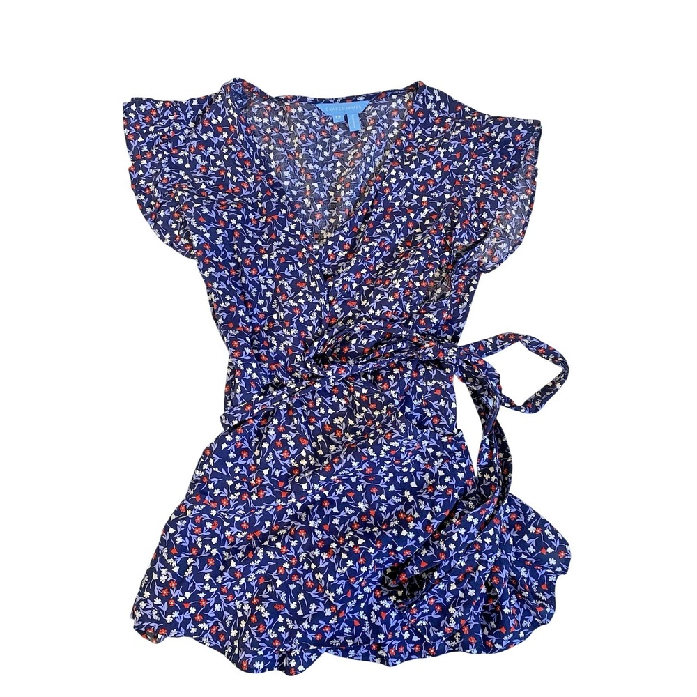 Draper James Top Womens Sz 12 Blue Floral Wrap Flutter Sleeve Tie Ruffle Blous‎